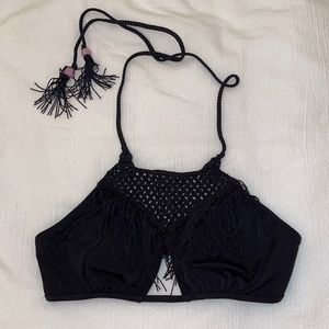 Victoria's Secret Black Crochet Fringe Halter Bikini Top